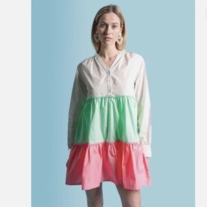 The Shirt Rochelle Behrens Candice Tiered A-Line Mini Spumoni Dress Nwt S